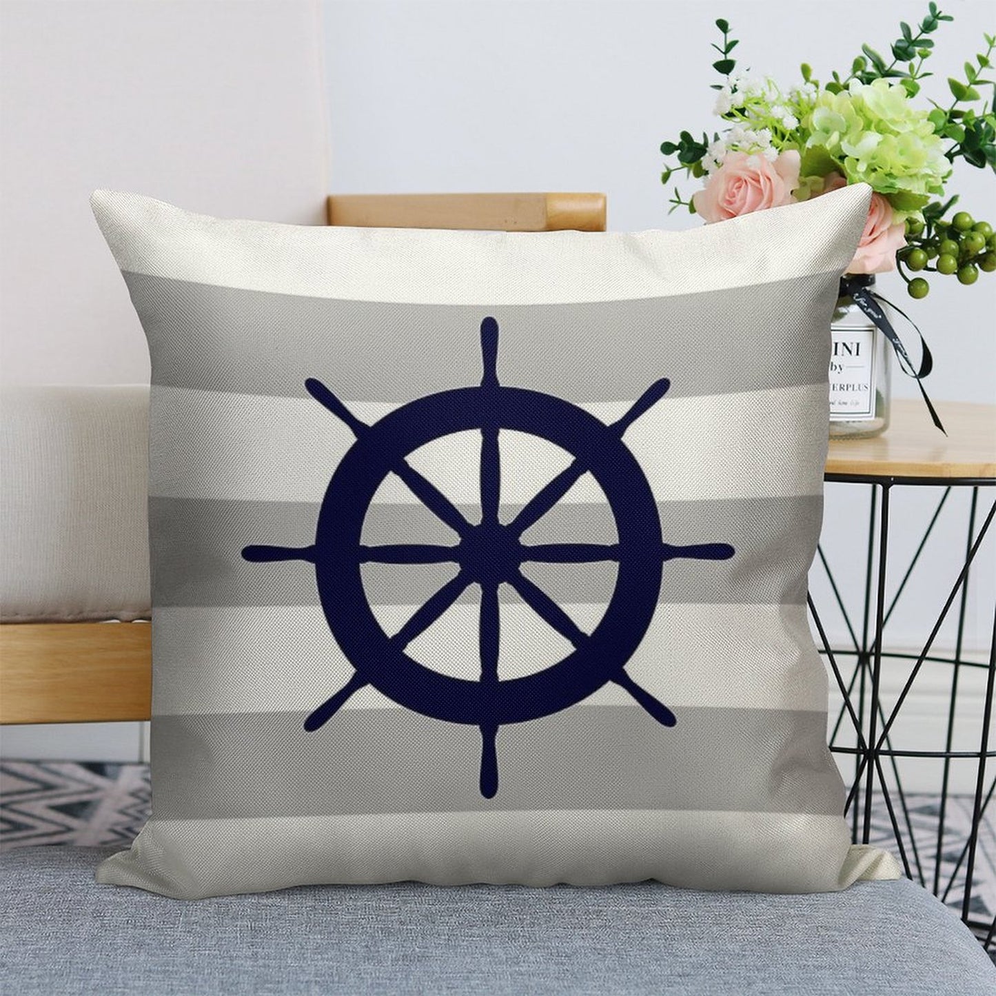 Nautical Navy Blue Ship's Steering Wheel On Silver Gray Stripes Linen Throw Pillow Cover