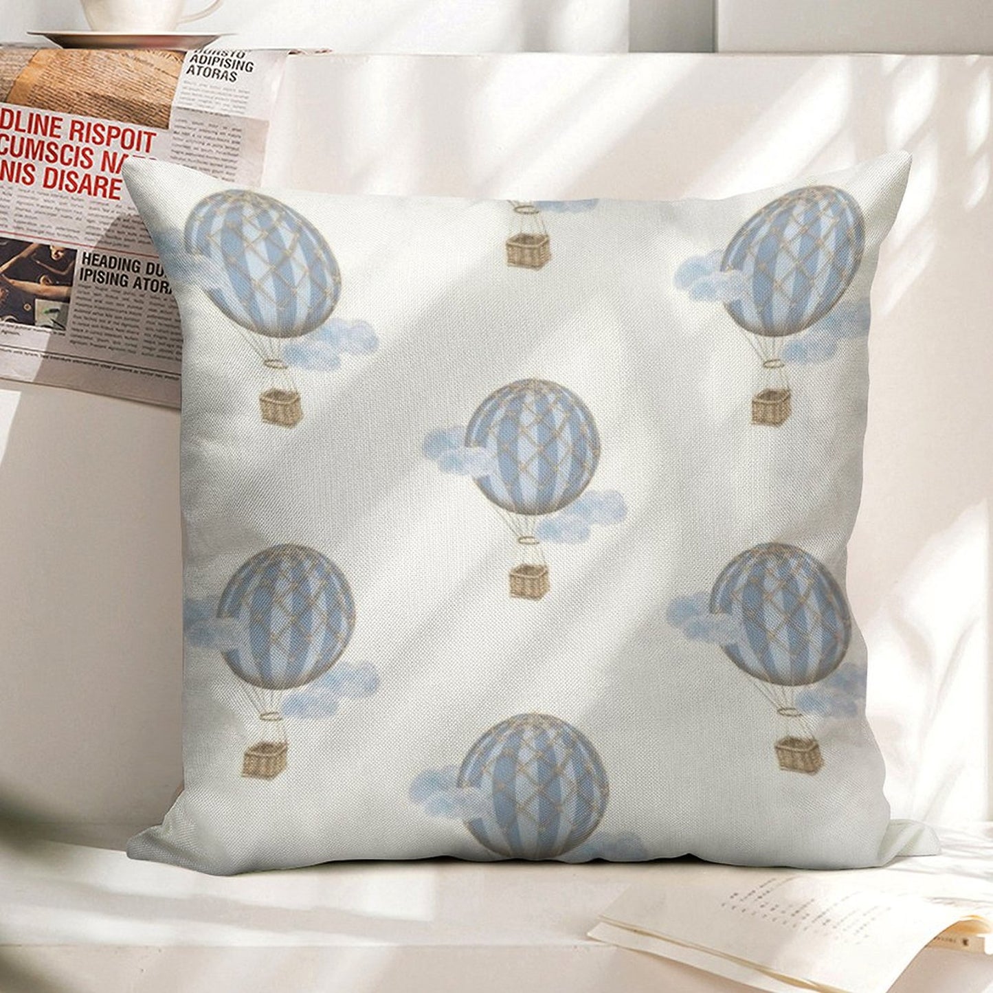 Blue Vintage Hot Air Balloon Linen Throw Pillow Cover
