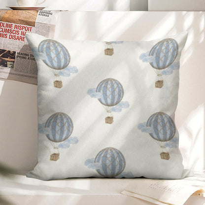 Blue Vintage Hot Air Balloon Linen Throw Pillow Cover