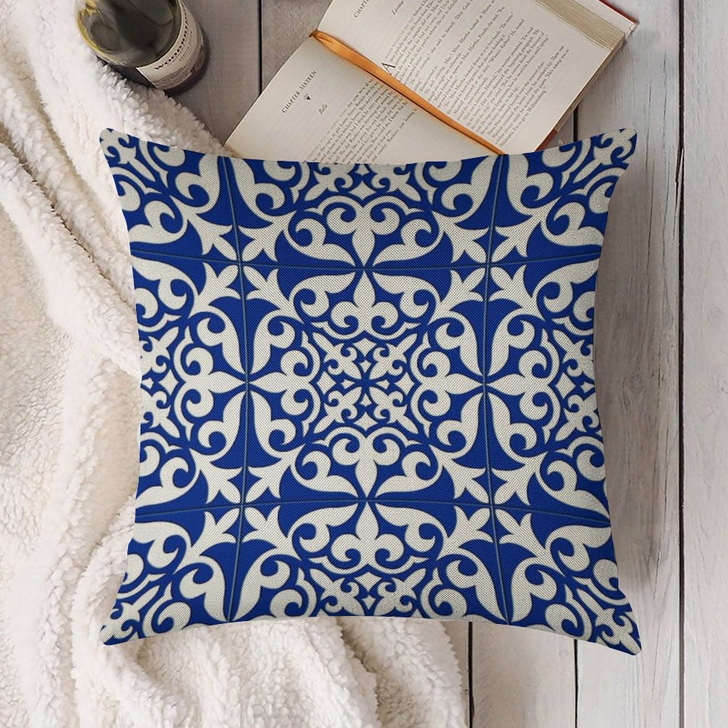 Moroccan Tile - Cobalt Blue Linen Throw Pillow Cover