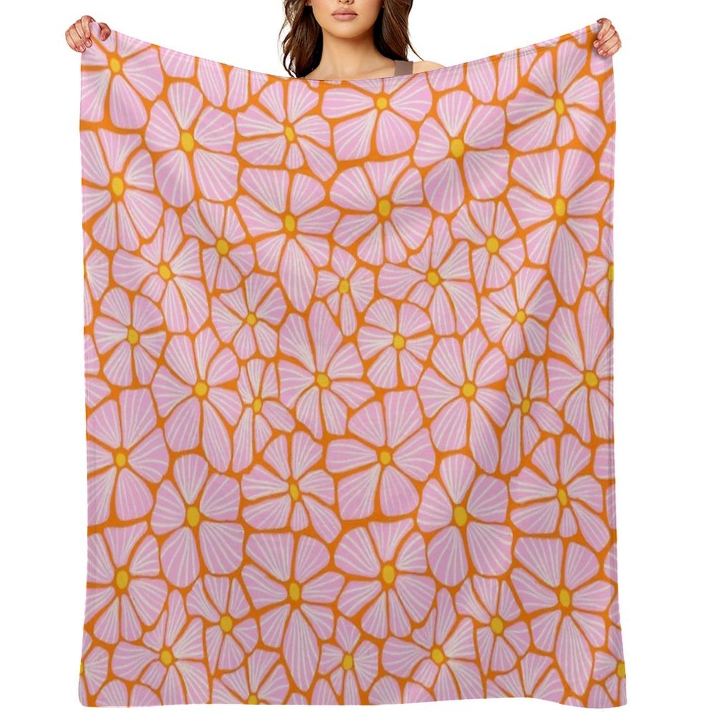 Flower Power Seventies Sixties Hippie Flowers Pattern Orange Pink Throw Blanket