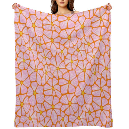 Flower Power Seventies Sixties Hippie Flowers Pattern Orange Pink Throw Blanket