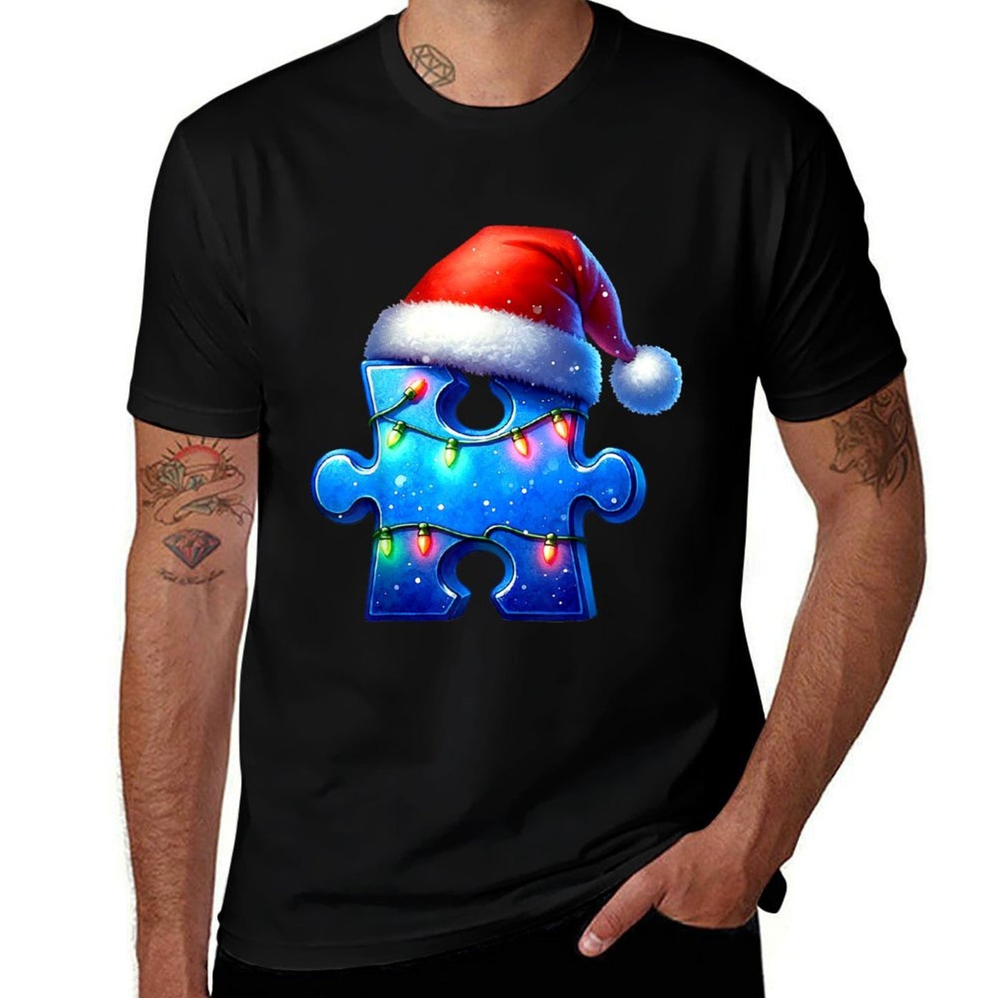 Puzzle Piece Santa Hat Autism Awareness Autistic Christmas  Trendy Pattern T-Shirt