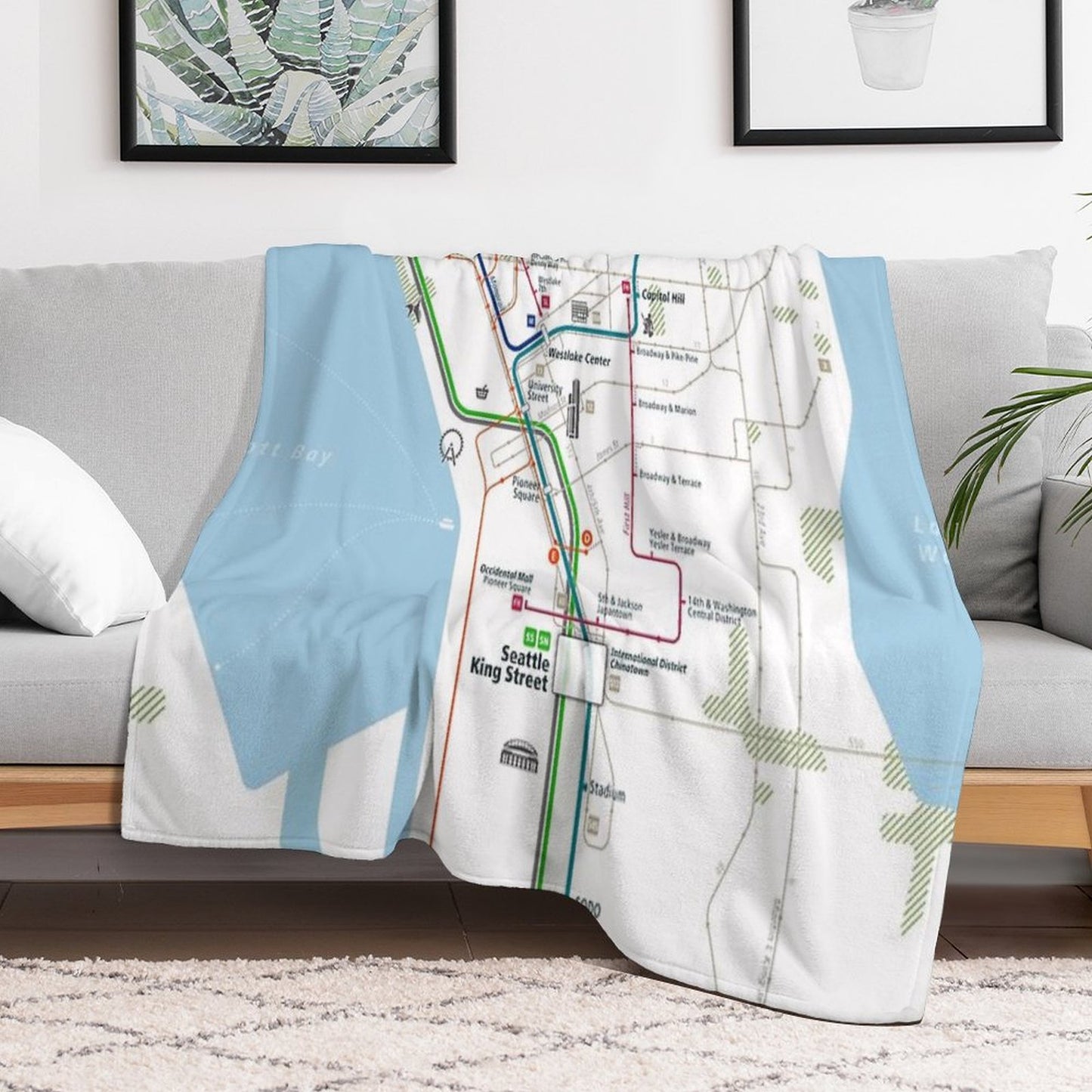Seattle City Rail Map Square Throw Blanket