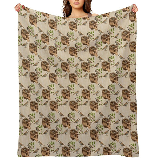 Black And White Illustration of Birds Making A Nest in Animal Skull Throw Blanket