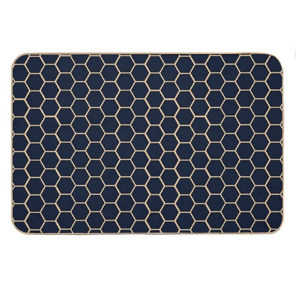 Geometric Light Yellow And Dark Blue Honeycomb Pattern Bath Mat
