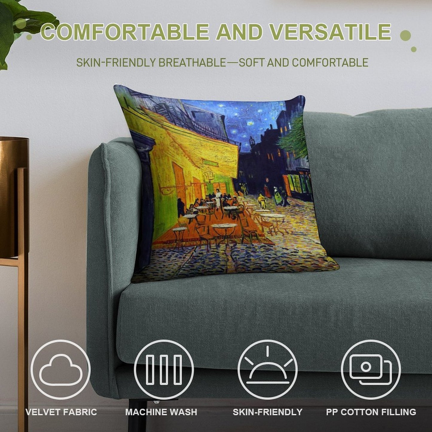 Cafe Terrace at Night - Van Gogh Soft Reinforced Edging Throw Pillow