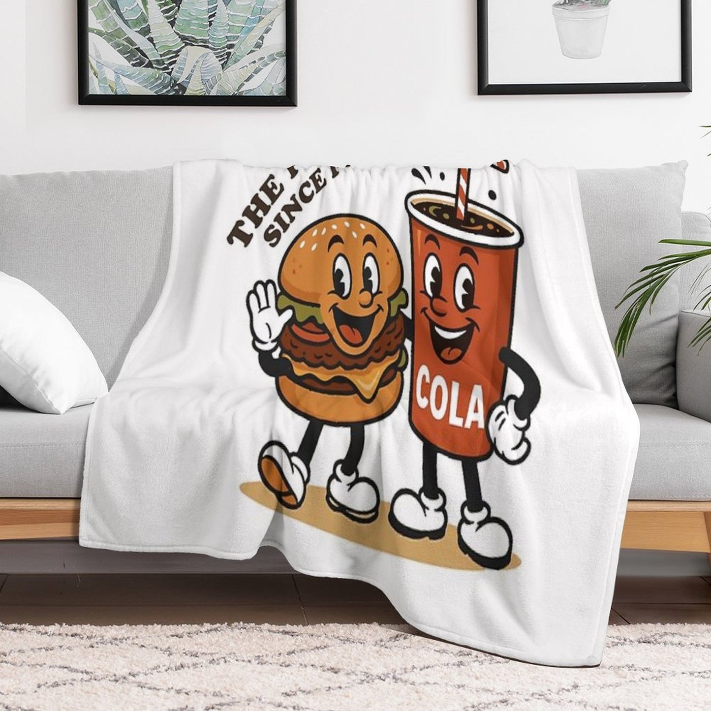 The Perfect Pair Since Forever – Retro Burger & Cola Mascots Throw Blanket