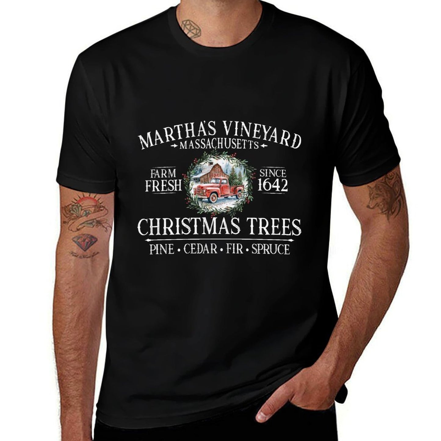 Marthas Vineyard MA Christmas Trees Red Truck White Letters  Durable T-Shirt
