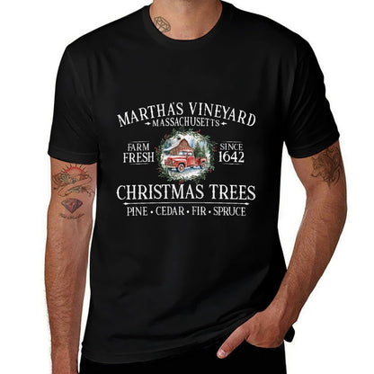 Marthas Vineyard MA Christmas Trees Red Truck White Letters  Durable T-Shirt