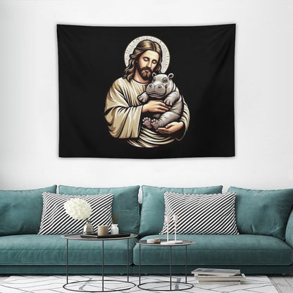Jesus Loves Moo Deng Bouncy Pig Cute Baby Hippo Tapestry