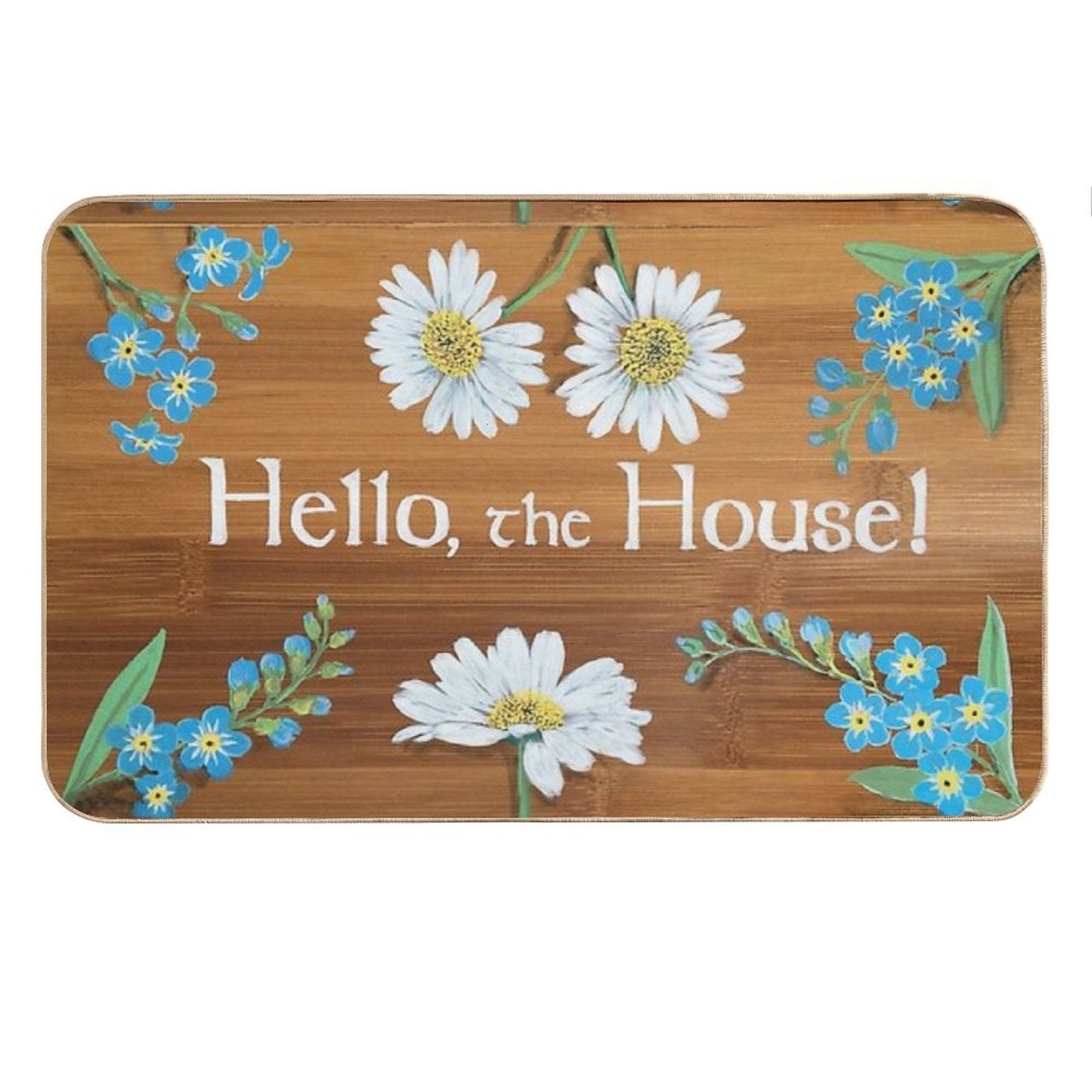 Hello The House Forget Me Nots Chamomile Daisies Strawberry Flowers on Wood Painting Art Sign Welcome Greeting by Laura Rispoli Bath Mat