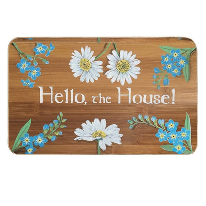 Hello The House Forget Me Nots Chamomile Daisies Strawberry Flowers on Wood Painting Art Sign Welcome Greeting by Laura Rispoli Bath Mat