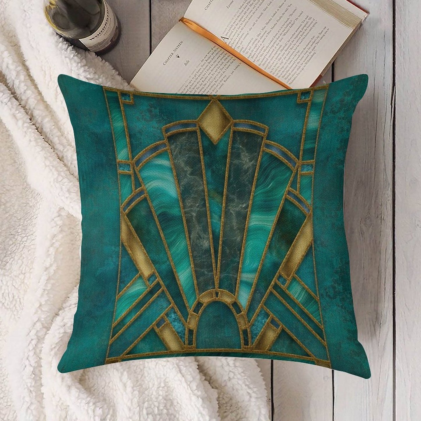 Elegant Stained Glass Art Deco Window With Marble And Gemstone Linen Throw Pillow Cover