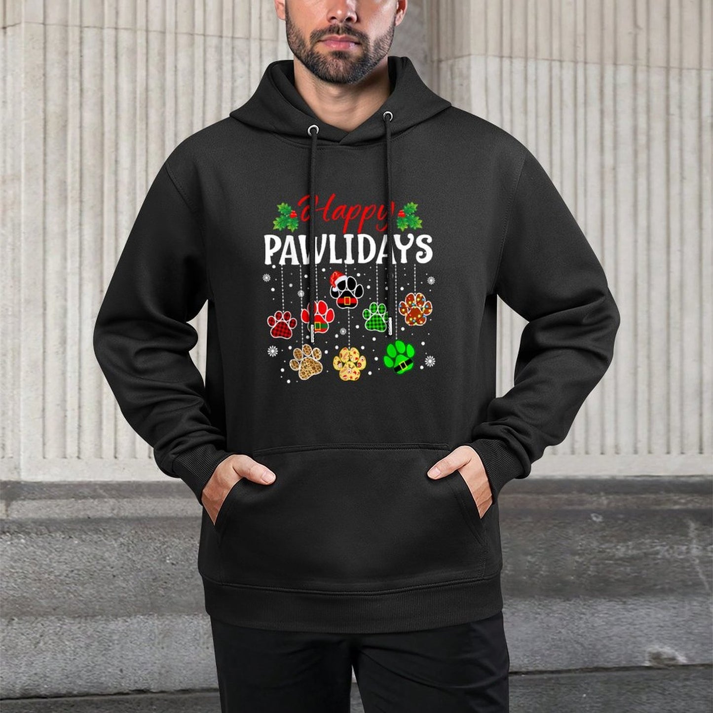 Happy Pawlidays Funny Christmas Dog Paw Xmas Dogs Lover Gift Men Women Kids Customizable Surface Hoodie