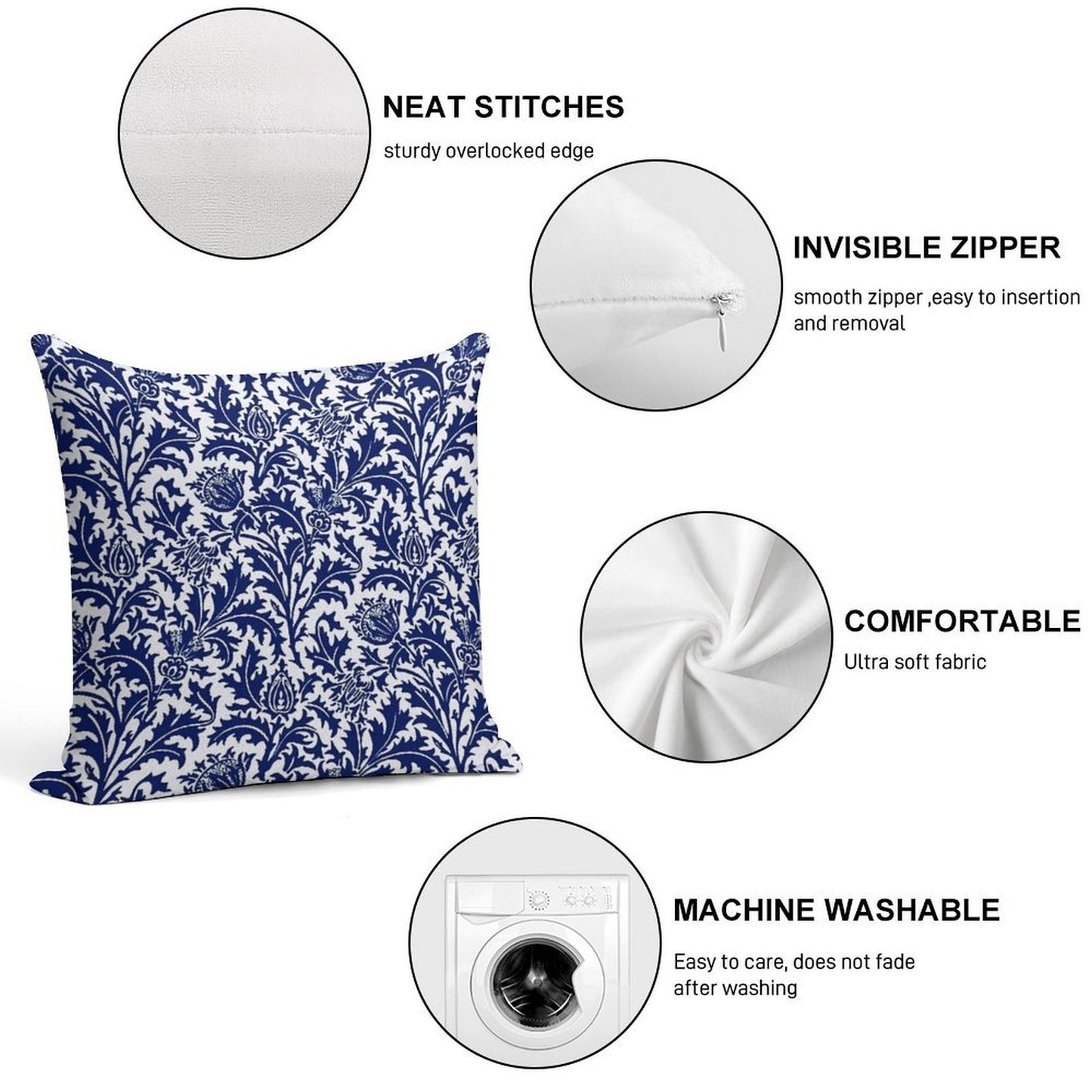 William Morris Thistle Damask, Navy Blue And White Soft Reinforced Edging Throw Pillow