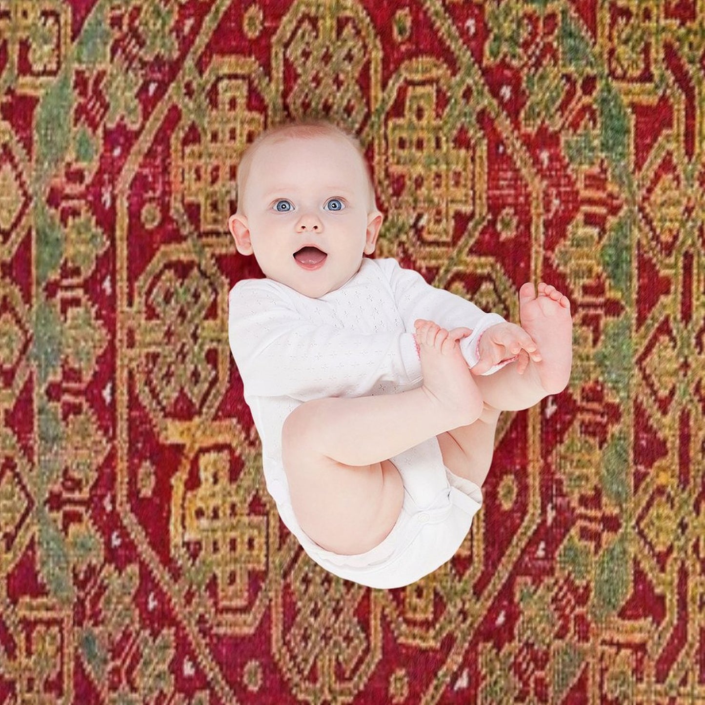 Bohemian Medallion VII  15th Century Old Distressed Red Green Coloful Ornate Accent Rug Pattern Throw Blanket