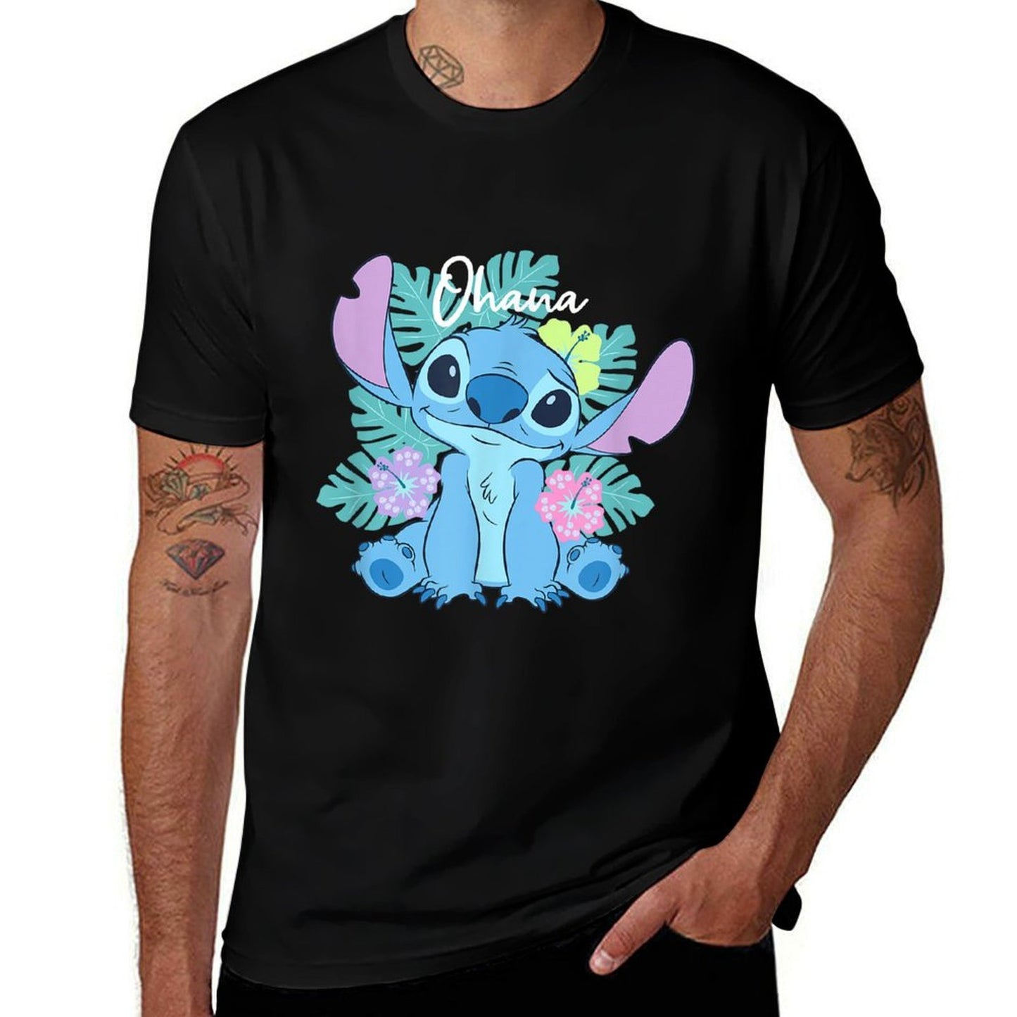 Disney Lilo  Stitch Ohana Adorable Pose Floral Logo  Versatile T-Shirt