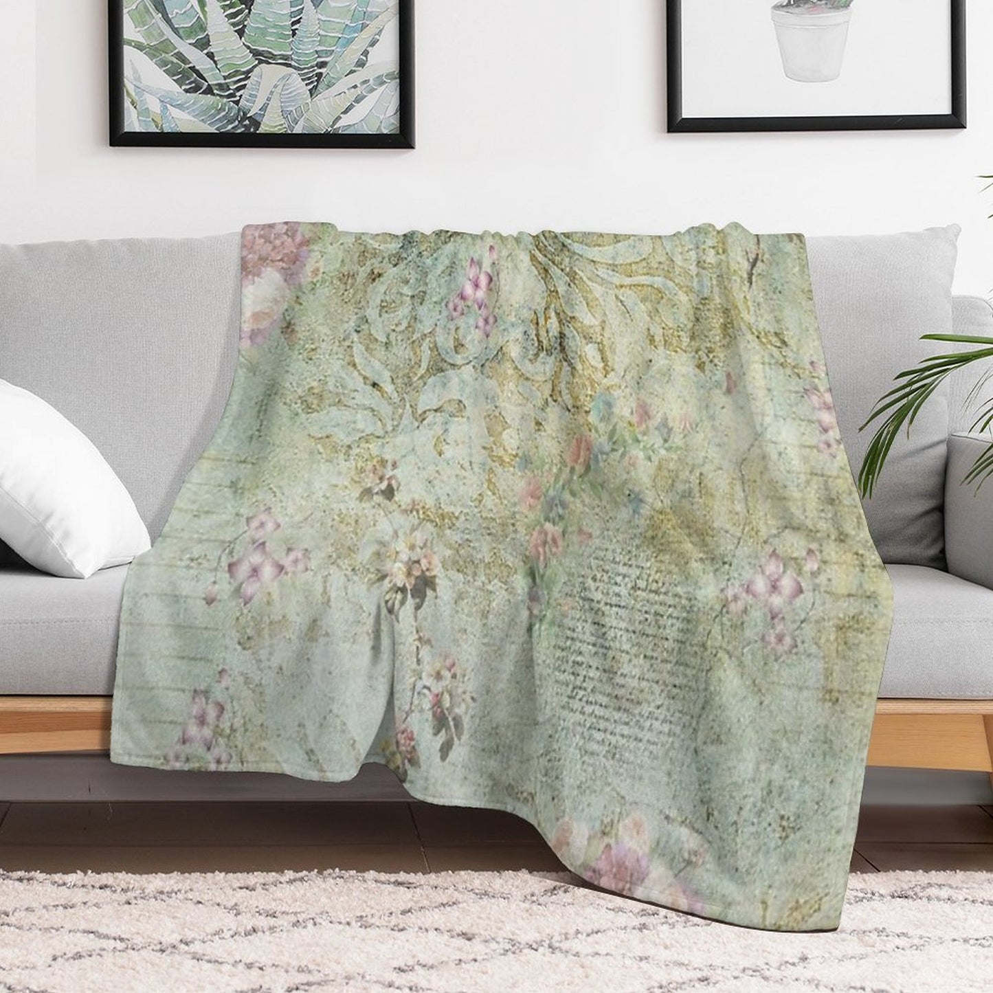 Vintage French Floral Wallpaper Throw Blanket