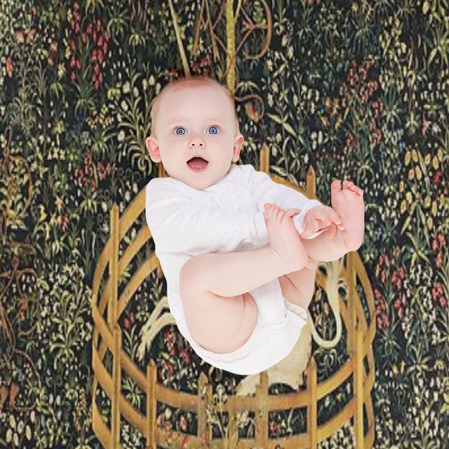 UNICORN IN CAPTIVITY AND GOTHIC FANTASY FLOWERS, GREEN FLORAL MOTIFS Throw Blanket