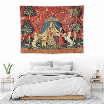 LADY AND THE UNICORN DESIRE ,Lion,Fantasy Flowers,Animals,Red Green Floral Tapestry Tapestry
