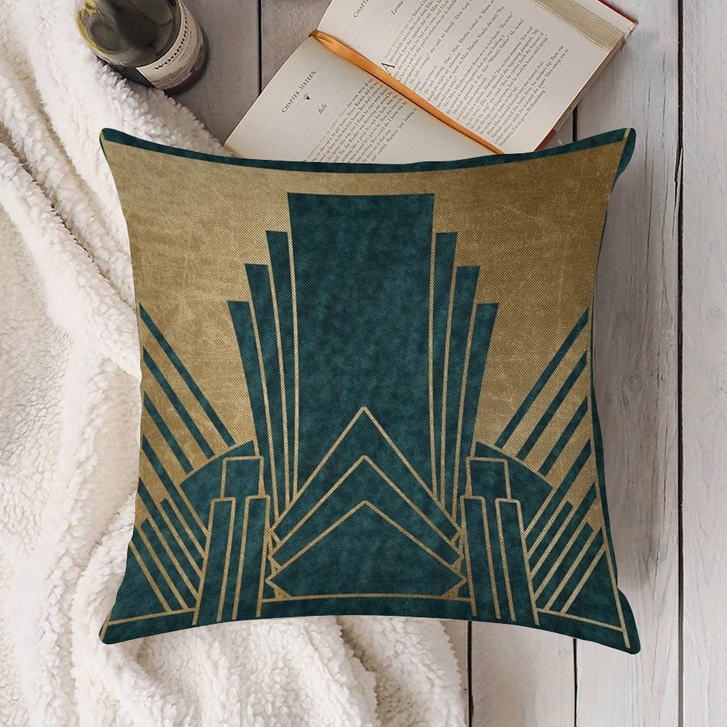 Art Deco Glamour - Teal And Gold Linen Throw Pillow Cover