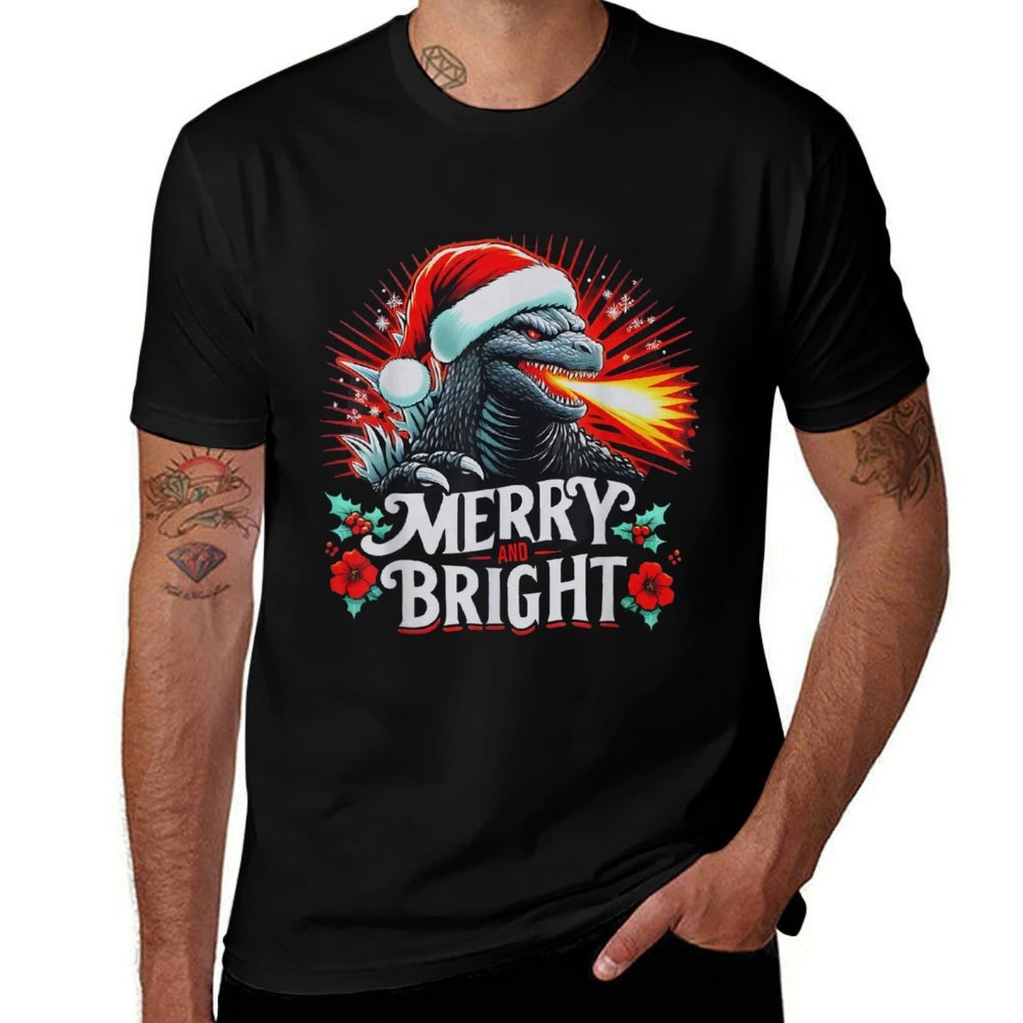 Santazilla Japanese Monster Kaiju Merry And Bright Christmas  Cotton T-Shirt
