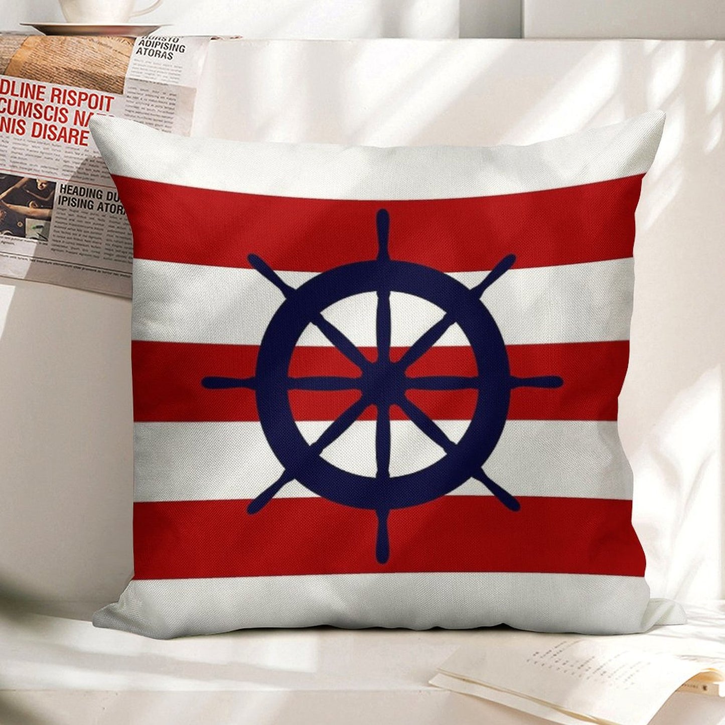 Nautical Navy Blue Ship's Steering Wheel On Red Stripes Linen Throw Pillow Cover