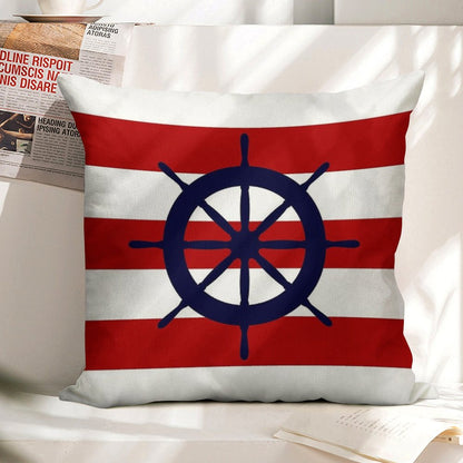 Nautical Navy Blue Ship's Steering Wheel On Red Stripes Linen Throw Pillow Cover