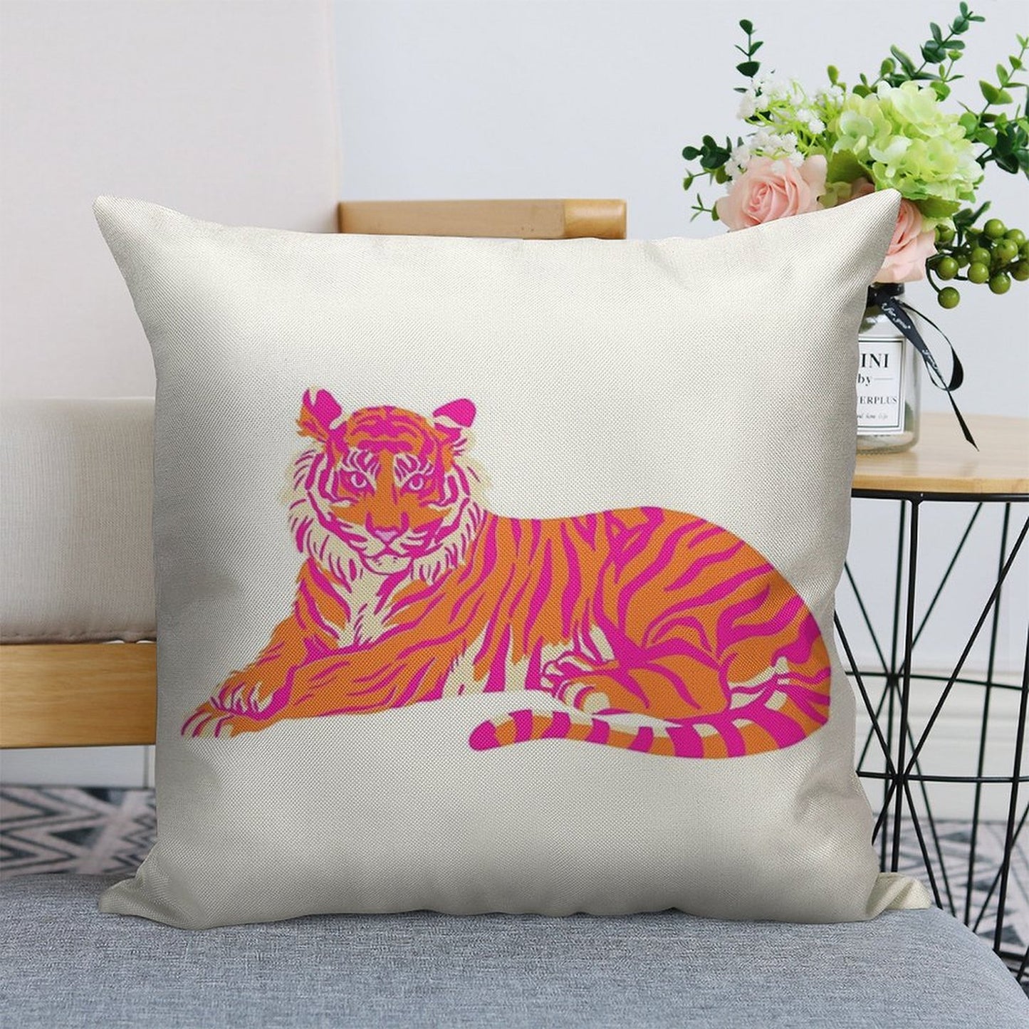 Pink And Orange Tiger Linen Throw Pillow Cover