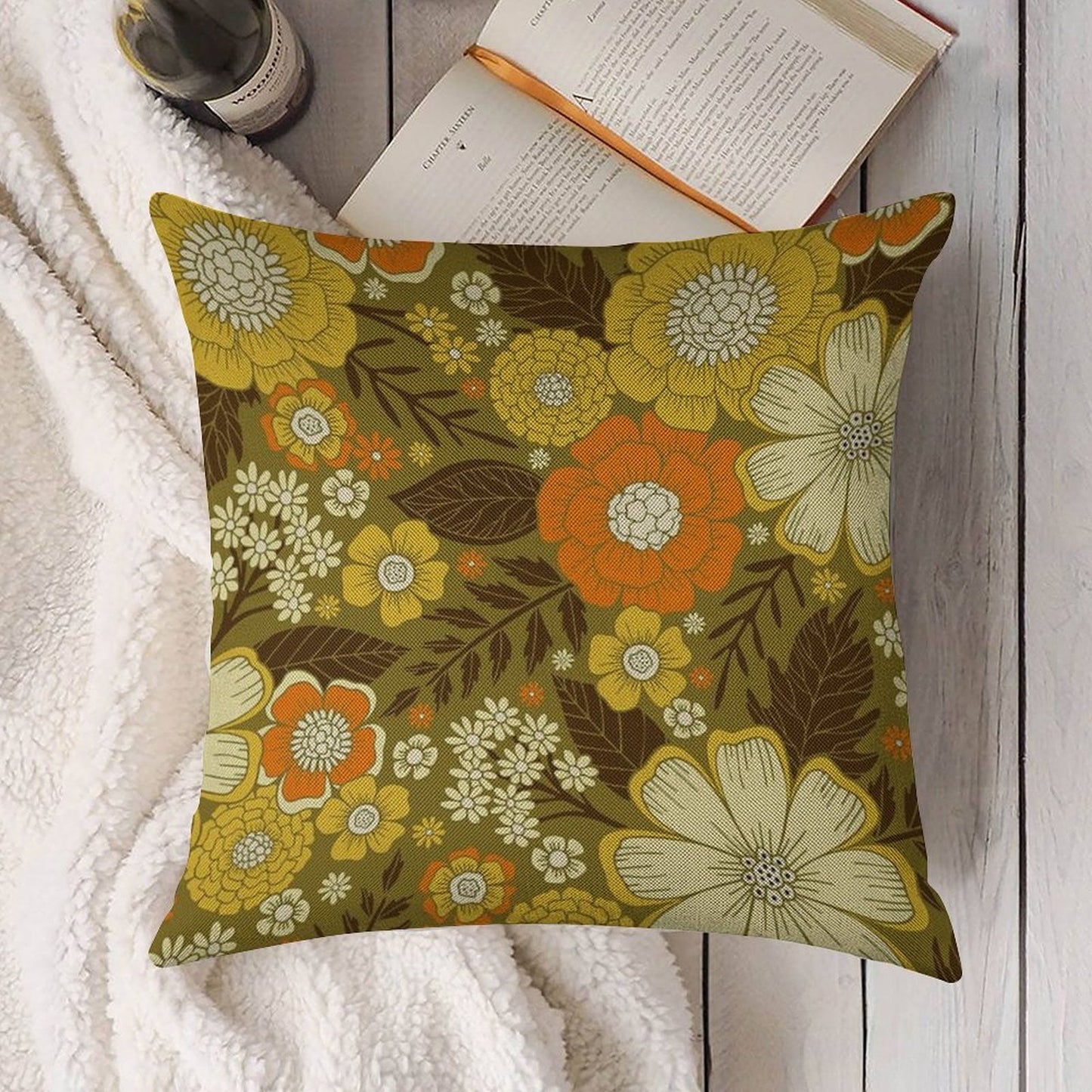 1970s RetroVintage Floral Pattern Linen Throw Pillow Cover