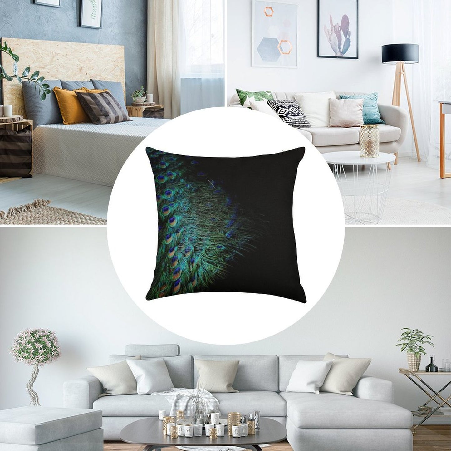 Peacock Feathers on A Black Background Linen Throw Pillow Cover