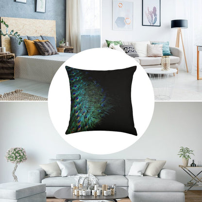 Peacock Feathers on A Black Background Linen Throw Pillow Cover