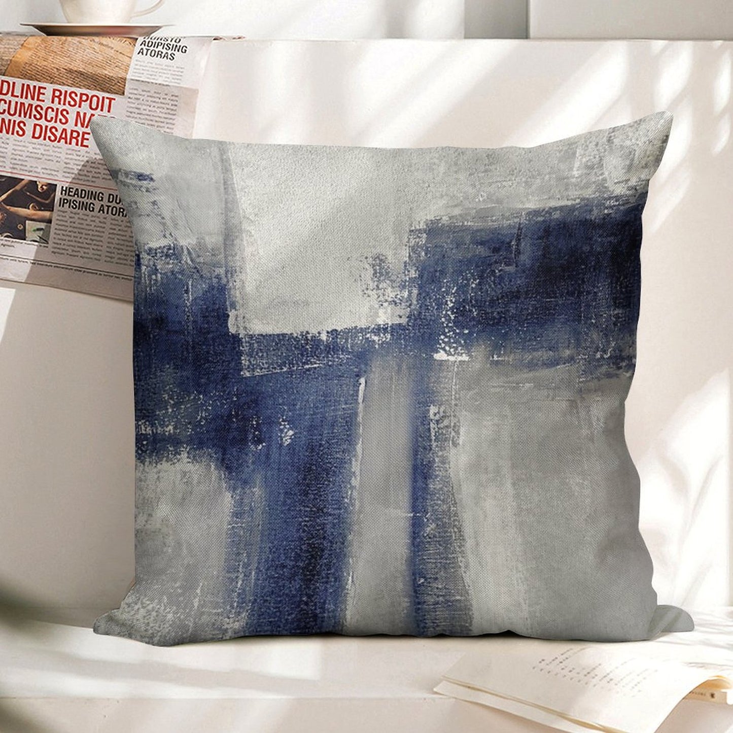 Classic Blue Abstract Linen Throw Pillow Cover