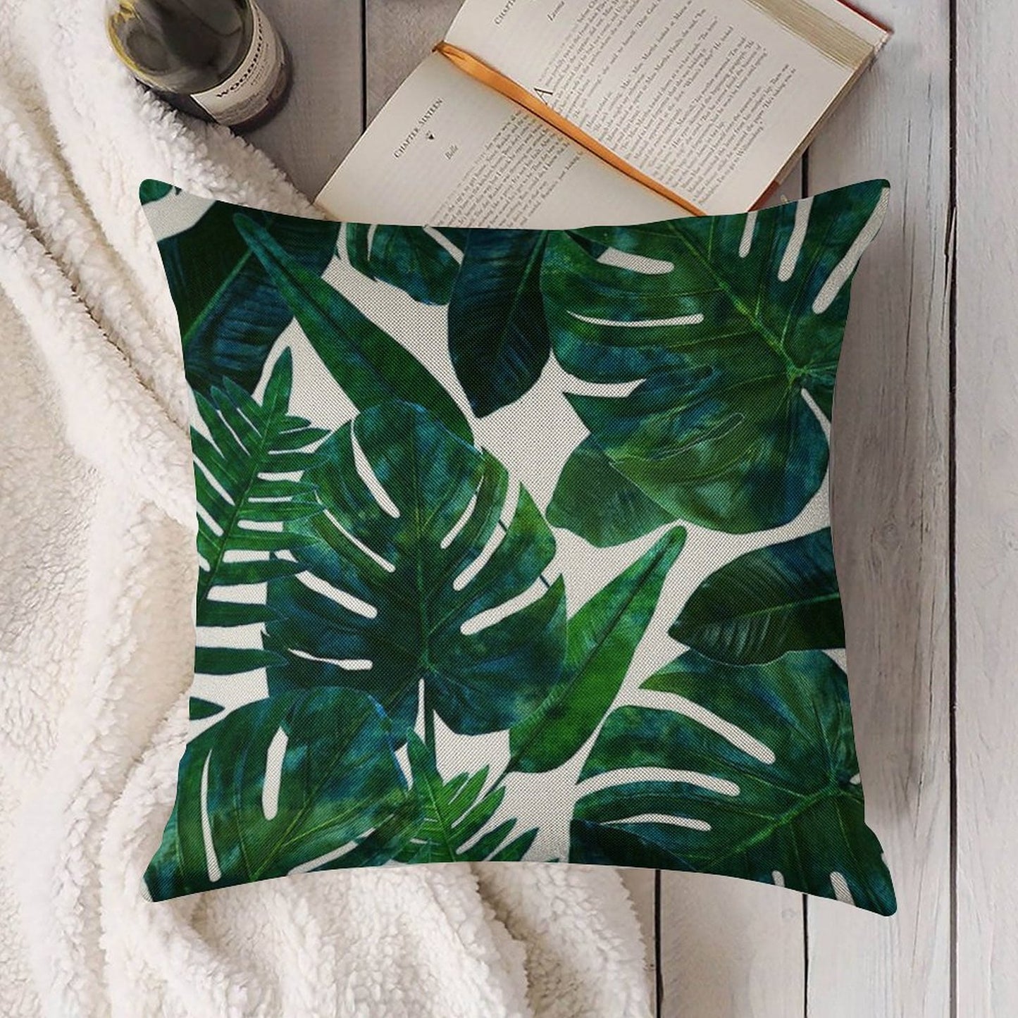 Tropical Nature Monstera Watercolor Painting, Botanical Jungle Dark Palm Illustration Linen Throw Pillow Cover