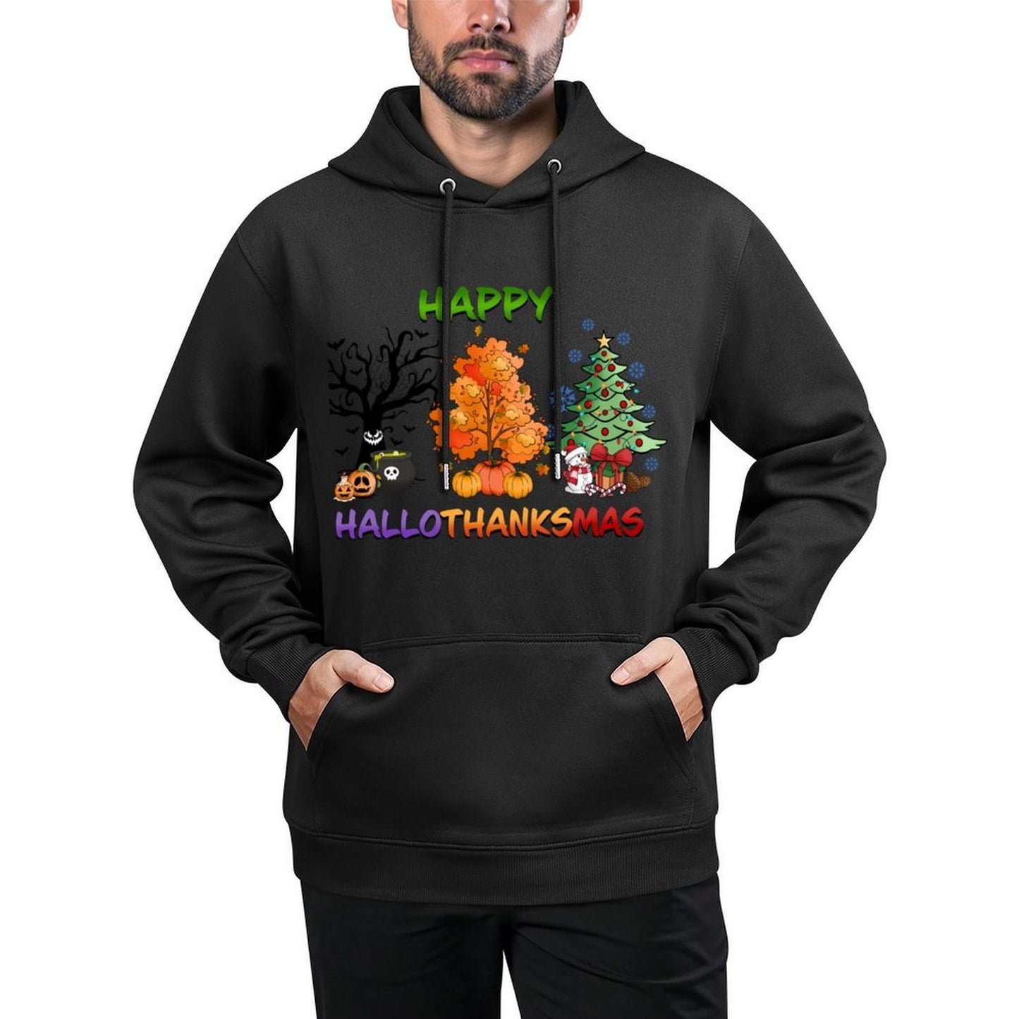 Happy Hallothanksmas Funny Halloween Thanksgiving Christmas Versatile Streetwear Hoodie