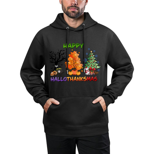 Happy Hallothanksmas Funny Halloween Thanksgiving Christmas Versatile Streetwear Hoodie