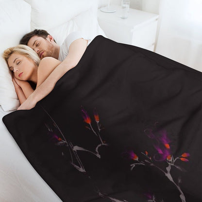 Enchanting Oriental Artwork of A Budding Sakura Branch with Deep Violet Flowers Art Print Throw Blanket