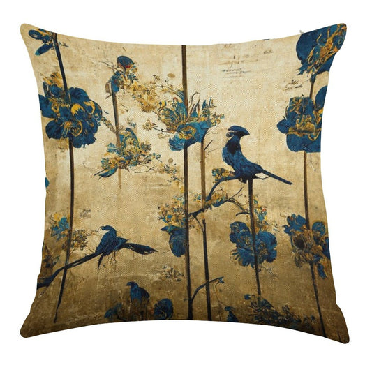 Blue And Gold Chinoiserie Painting with Birds And Flowers Linen Throw Pillow Cover