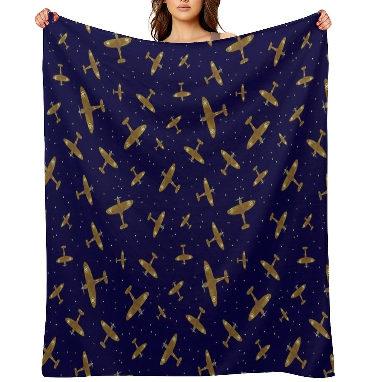 Spitfire War Planes in Flight on Navy Blue Throw Blanket