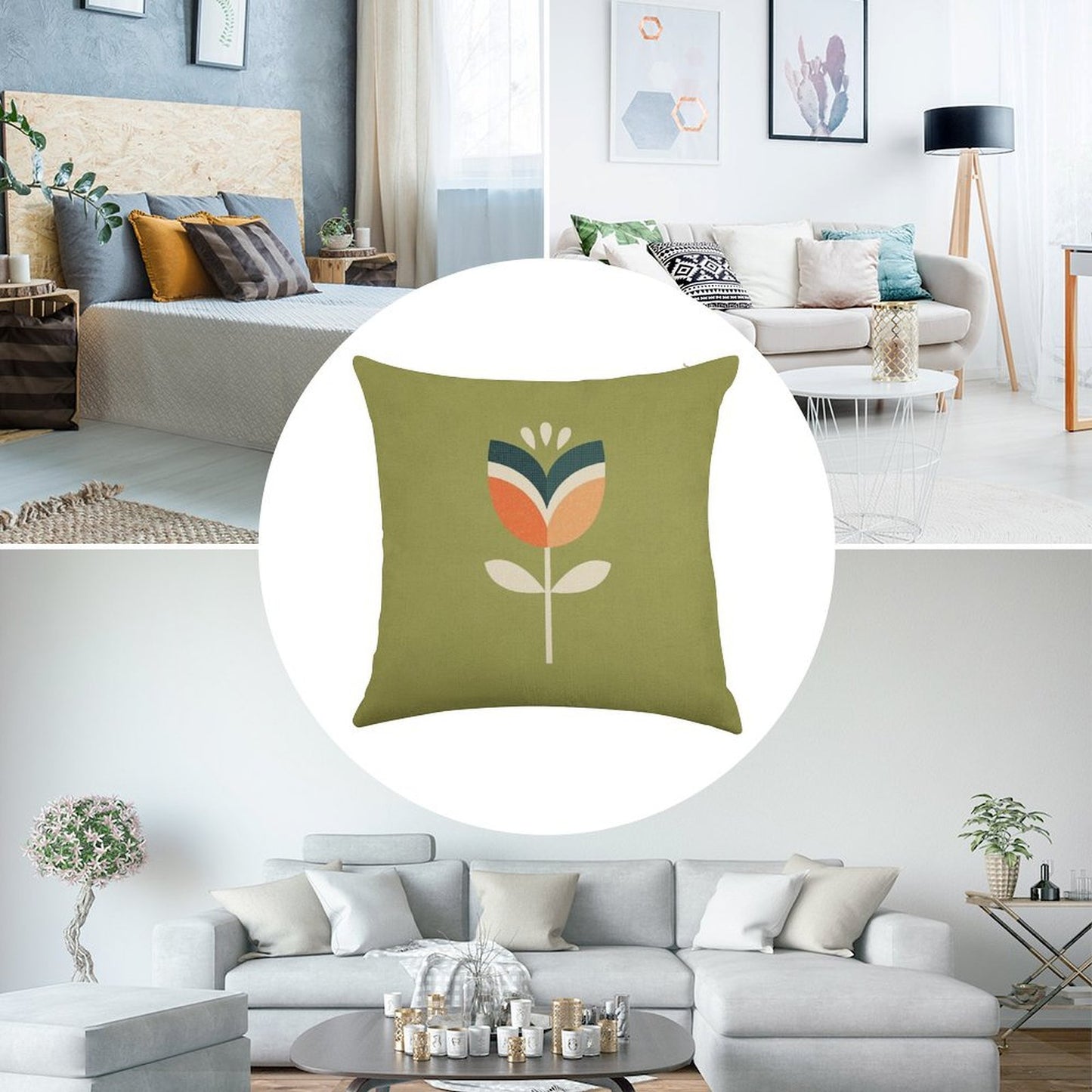 Retro Tulip - Orange And Olive Green Linen Throw Pillow Cover