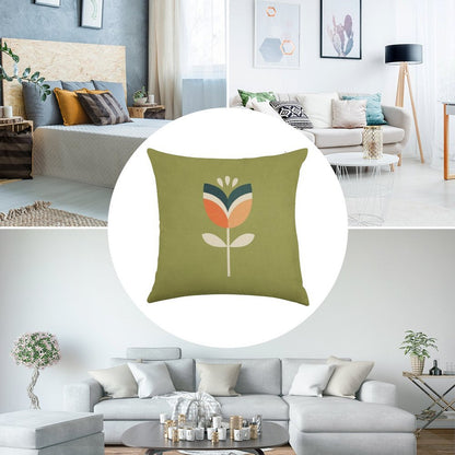 Retro Tulip - Orange And Olive Green Linen Throw Pillow Cover