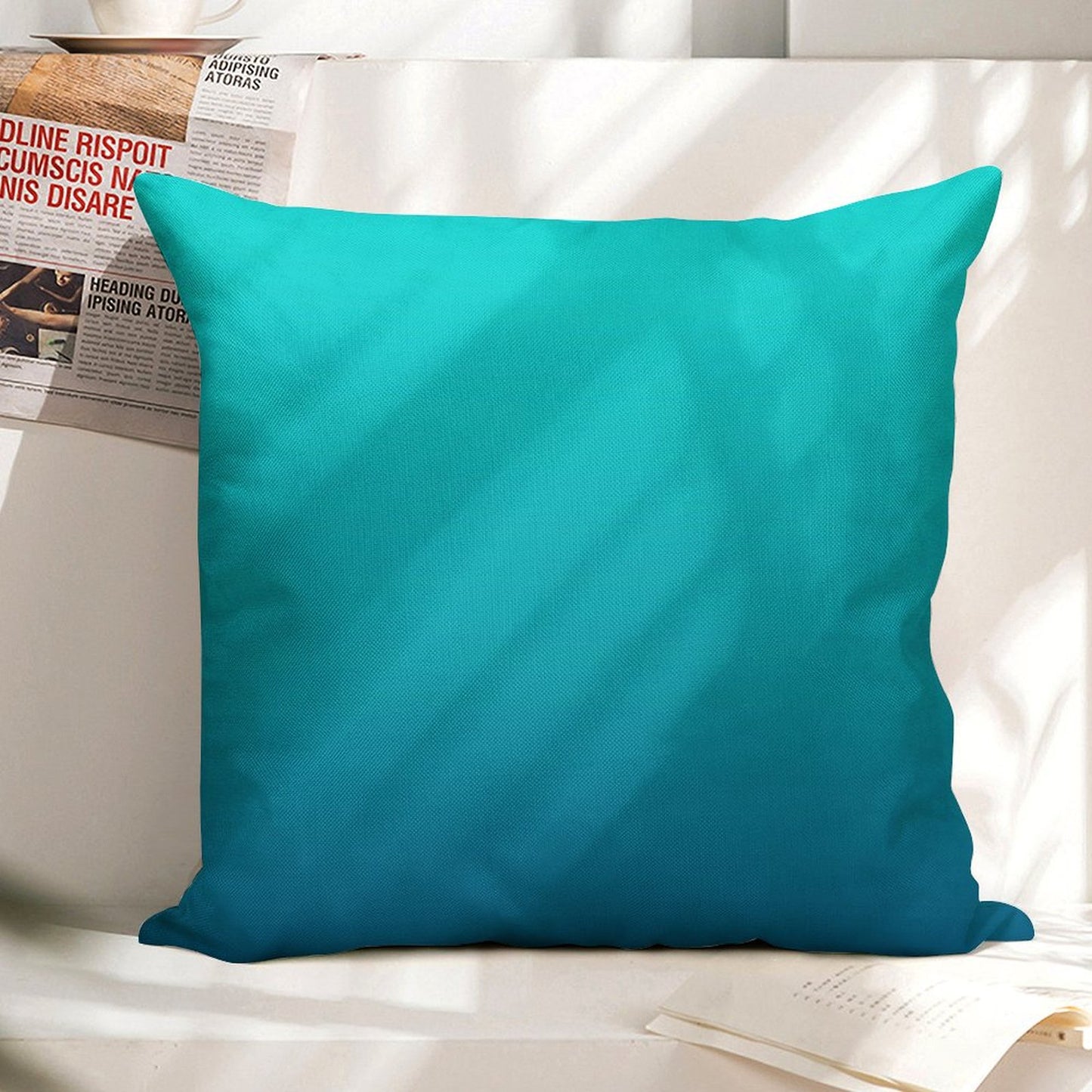 Preppy Summer Beach Teal Blue Turquoise Ombre Linen Throw Pillow Cover