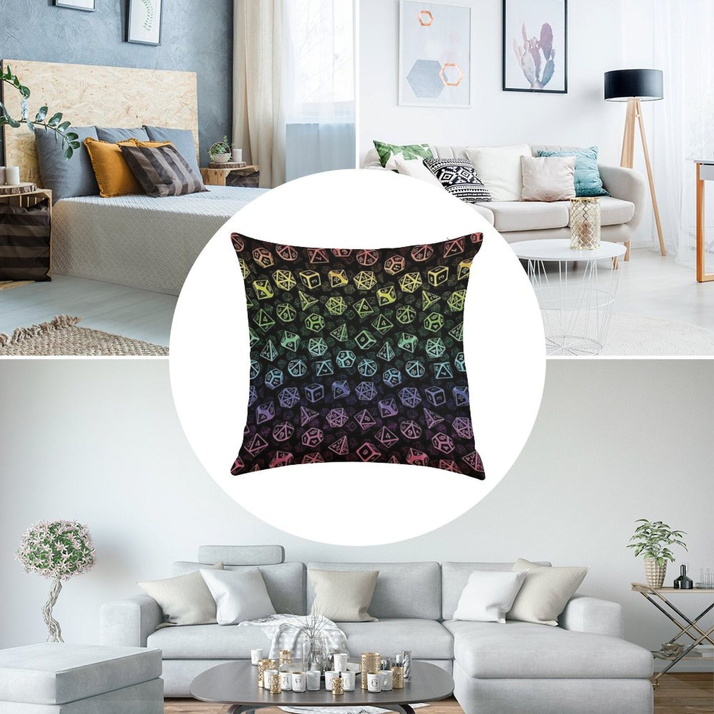D20 Dice Set Pattern (Rainbow) Linen Throw Pillow Cover