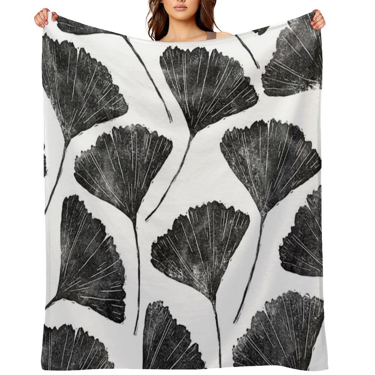 Ginkgo Biloba, Lino Cut Nature Inspired Leaf Pattern Throw Blanket