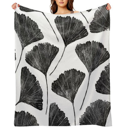 Ginkgo Biloba, Lino Cut Nature Inspired Leaf Pattern Throw Blanket