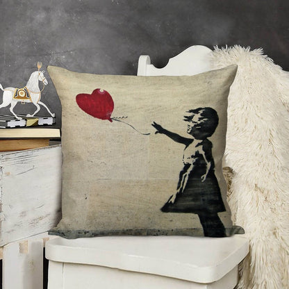 Banksy's Girl with A Red Balloon III Linen Throw Pillow Cover