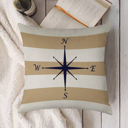 Nautical Navy Blue Compass On Tropical Tan And White Stripes Linen Throw Pillow Cover