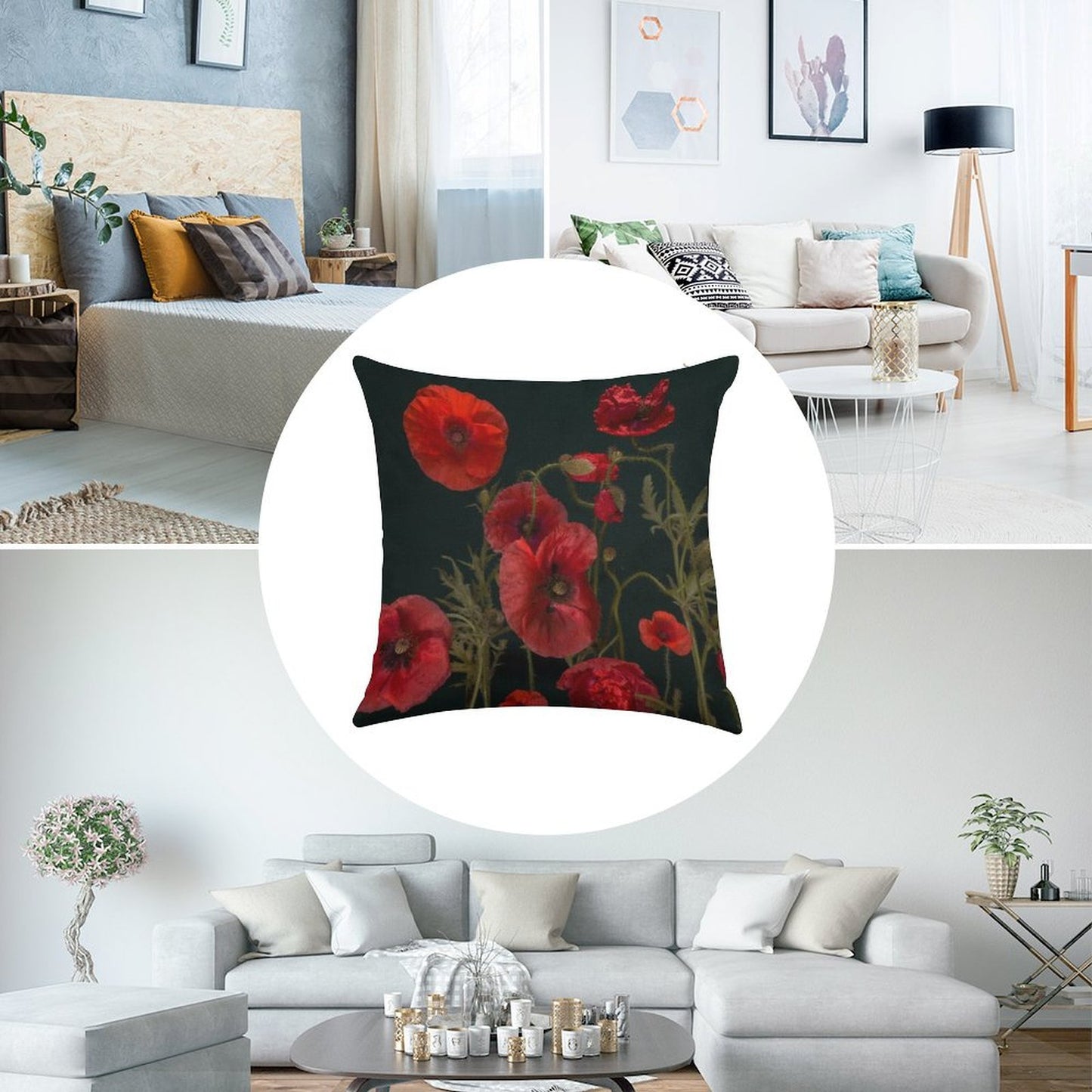 Red Poppies On Black Linen Throw Pillow Cover