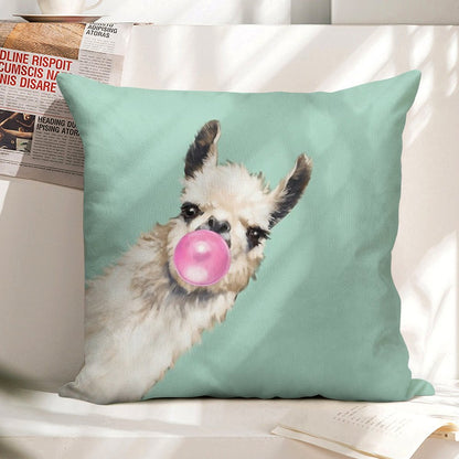 Bubble Gum Sneaky Llama in Green Linen Throw Pillow Cover